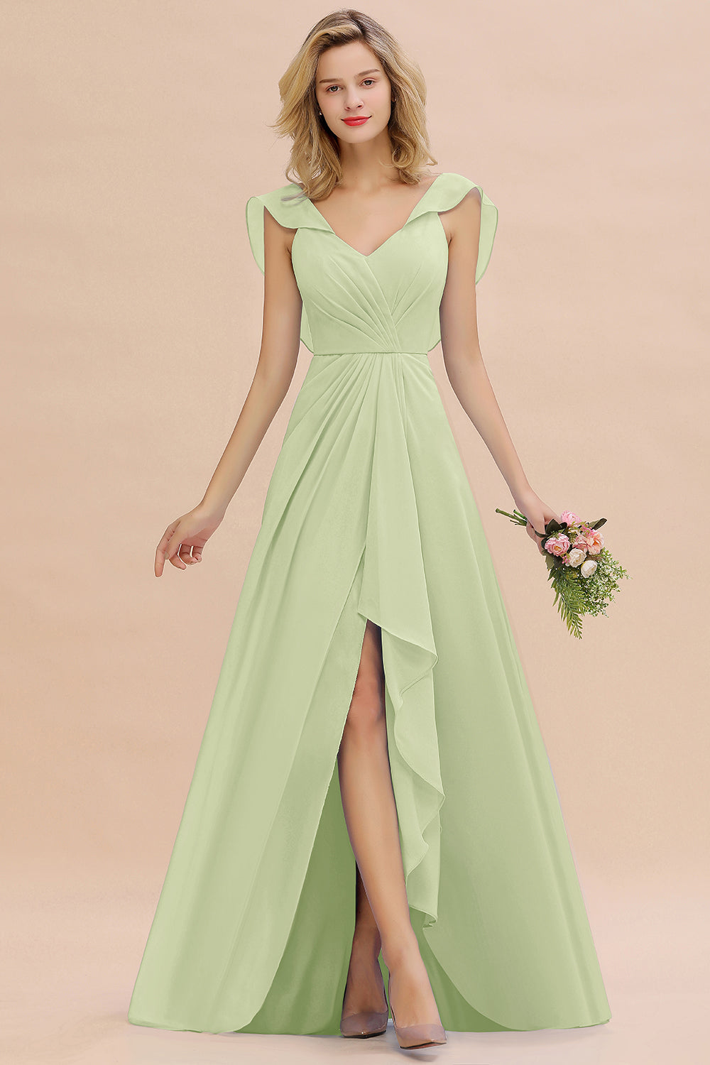 Modest Hi-Lo V-Neck Ruffle Long Bridesmaid Dress with Slit-27dress