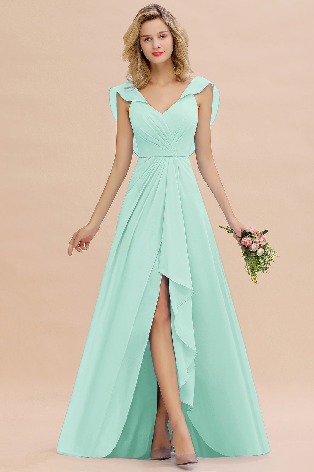 Modest Hi-Lo V-Neck Ruffle Long Bridesmaid Dress with Slit-27dress