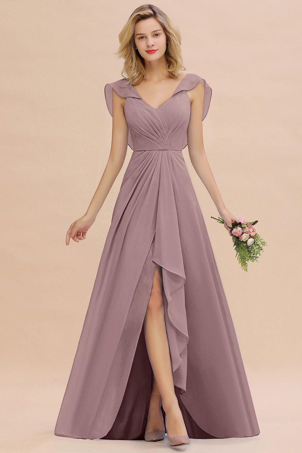 Modest Hi-Lo V-Neck Ruffle Long Bridesmaid Dress with Slit-27dress