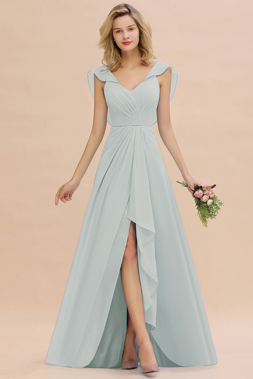 Modest Hi-Lo V-Neck Ruffle Long Bridesmaid Dress with Slit-27dress
