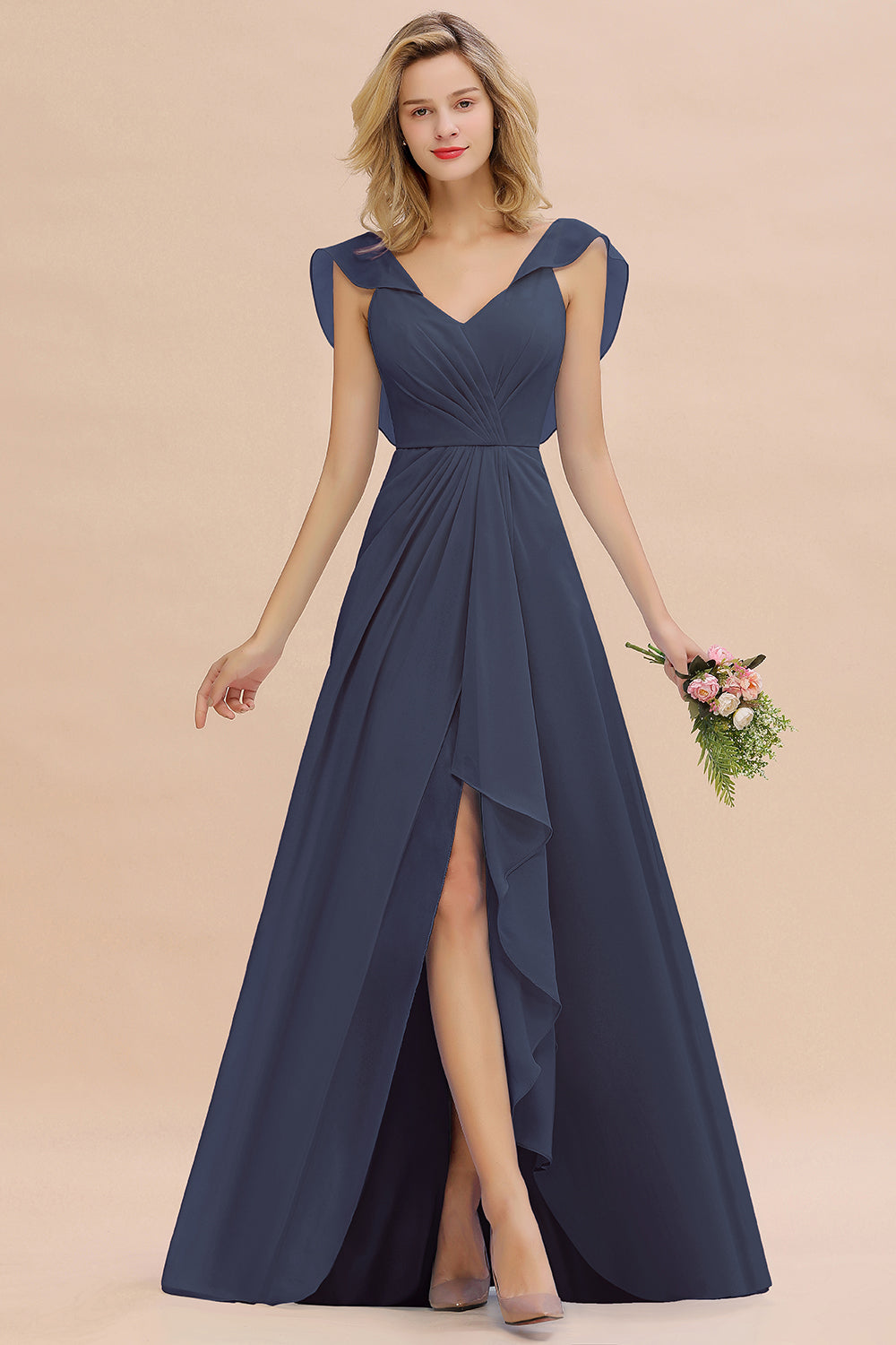 Modest Hi-Lo V-Neck Ruffle Long Bridesmaid Dress with Slit-27dress