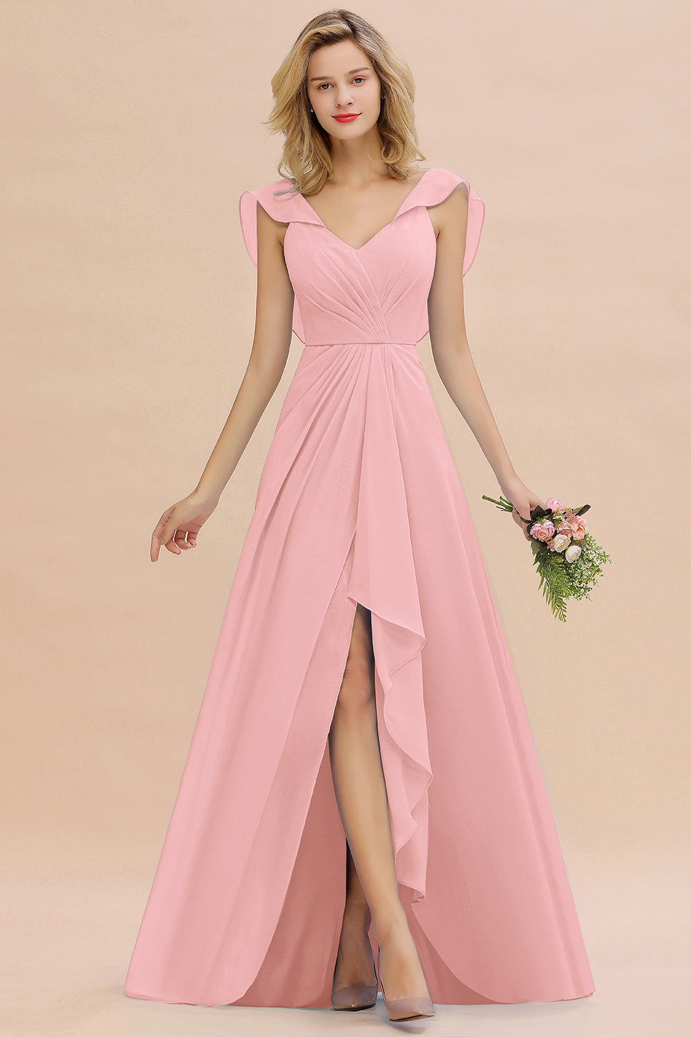 Modest Hi-Lo V-Neck Ruffle Long Bridesmaid Dress with Slit-27dress