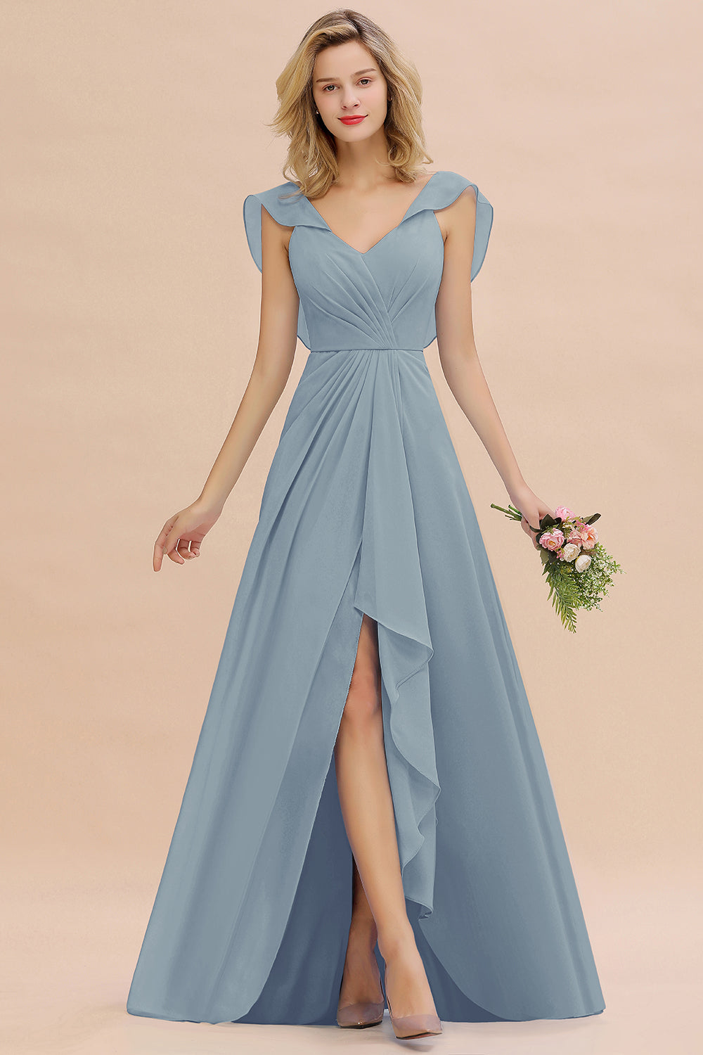 Modest Hi-Lo V-Neck Ruffle Long Bridesmaid Dress with Slit-27dress