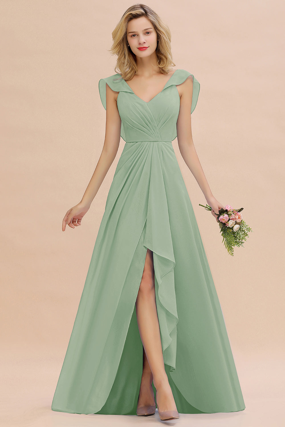 Modest Hi-Lo V-Neck Ruffle Long Bridesmaid Dress with Slit-27dress