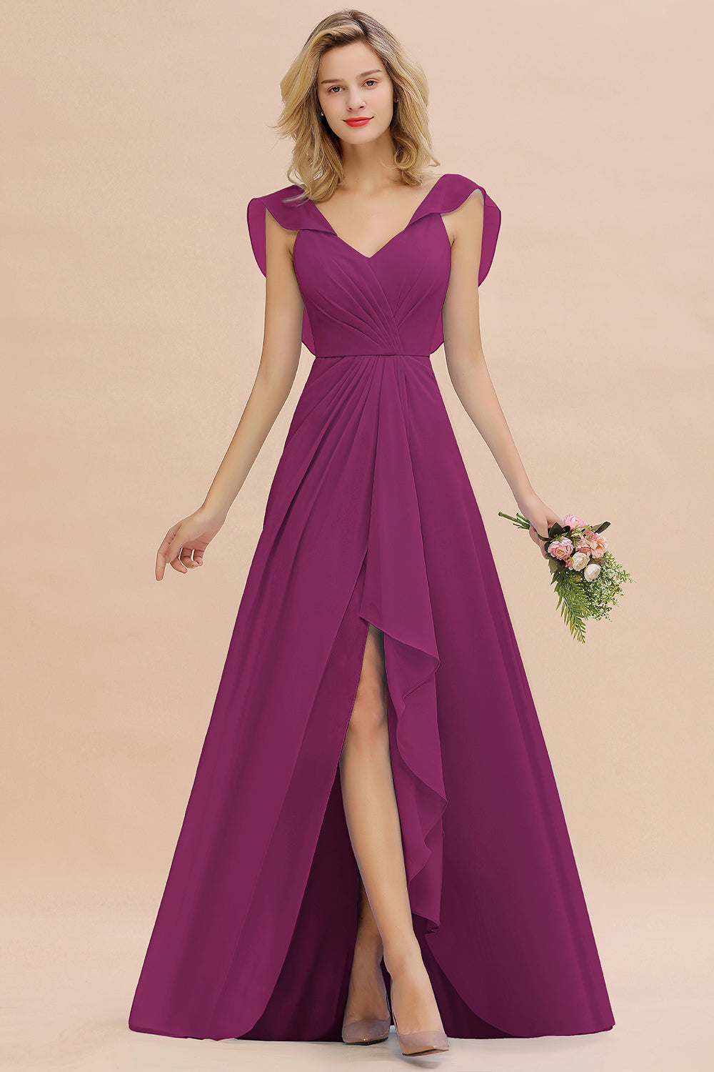 Modest Hi-Lo V-Neck Ruffle Long Bridesmaid Dress with Slit-27dress
