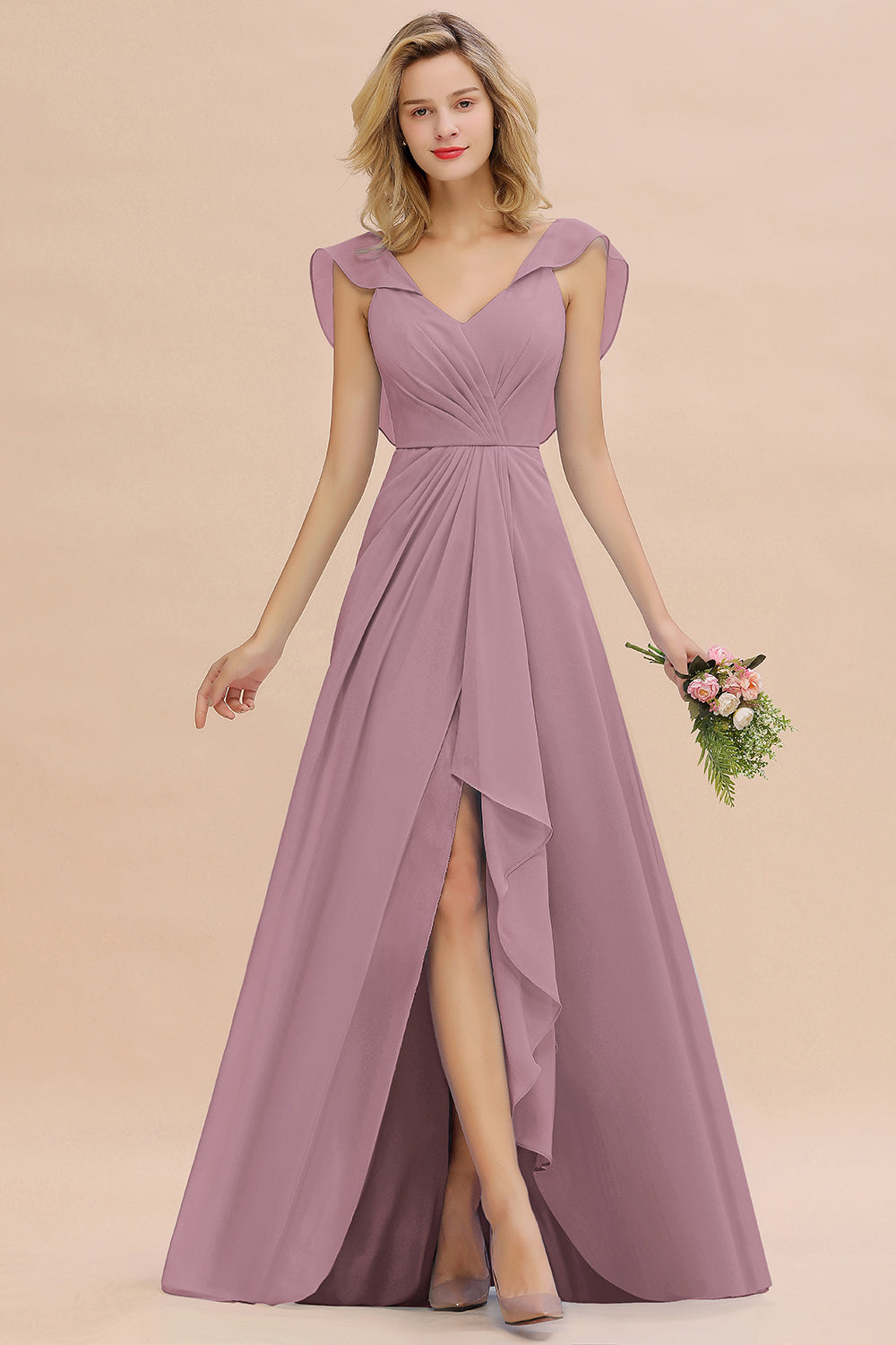 Modest Hi-Lo V-Neck Ruffle Long Bridesmaid Dress with Slit-27dress