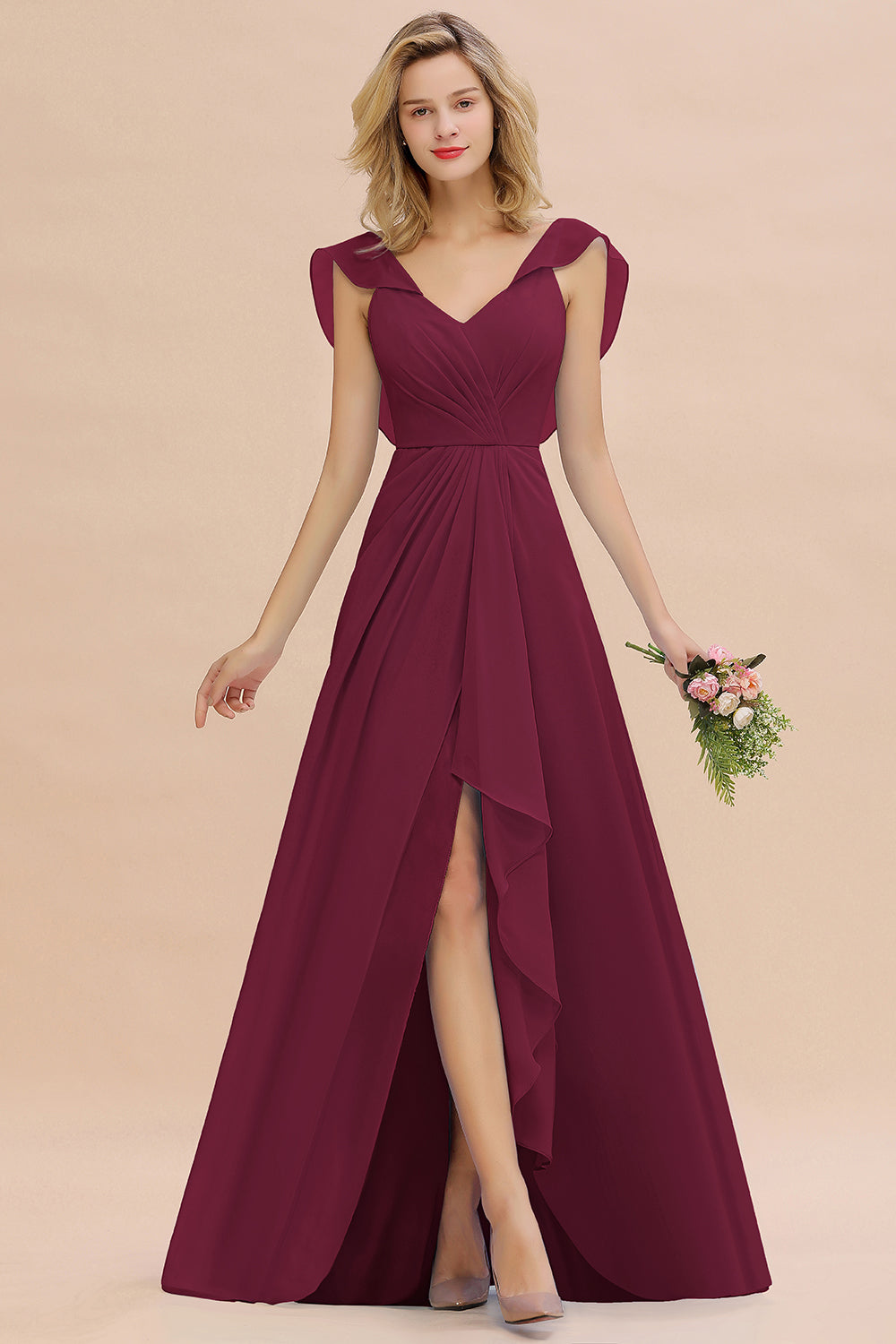 Modest Hi-Lo V-Neck Ruffle Long Bridesmaid Dress with Slit-27dress