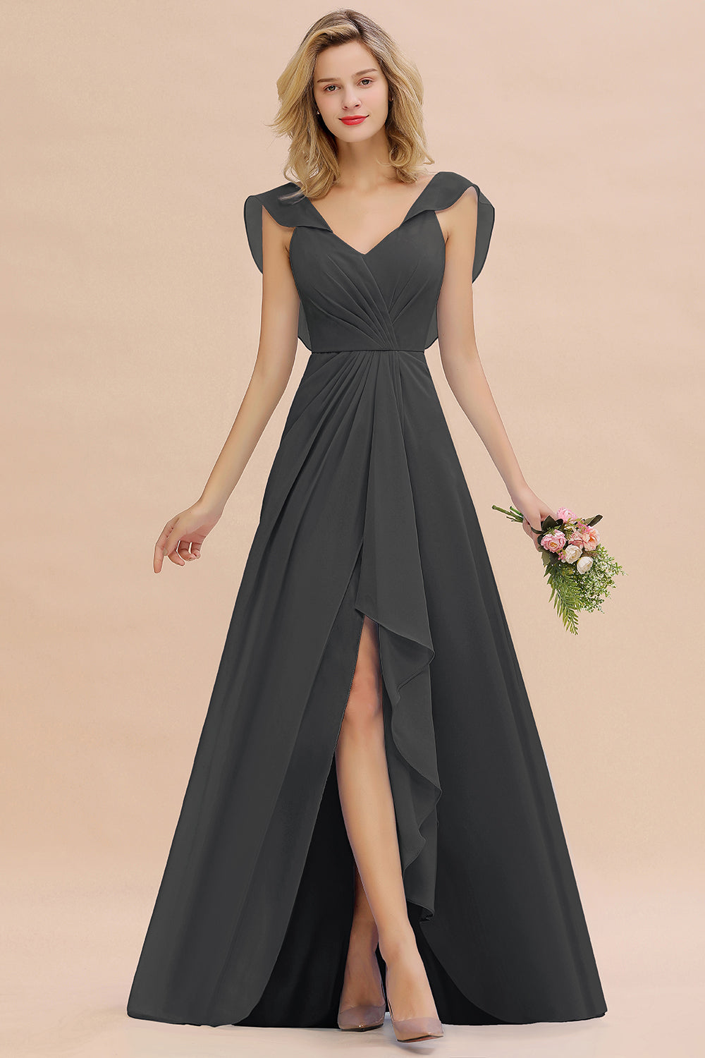 Modest Hi-Lo V-Neck Ruffle Long Bridesmaid Dress with Slit-27dress