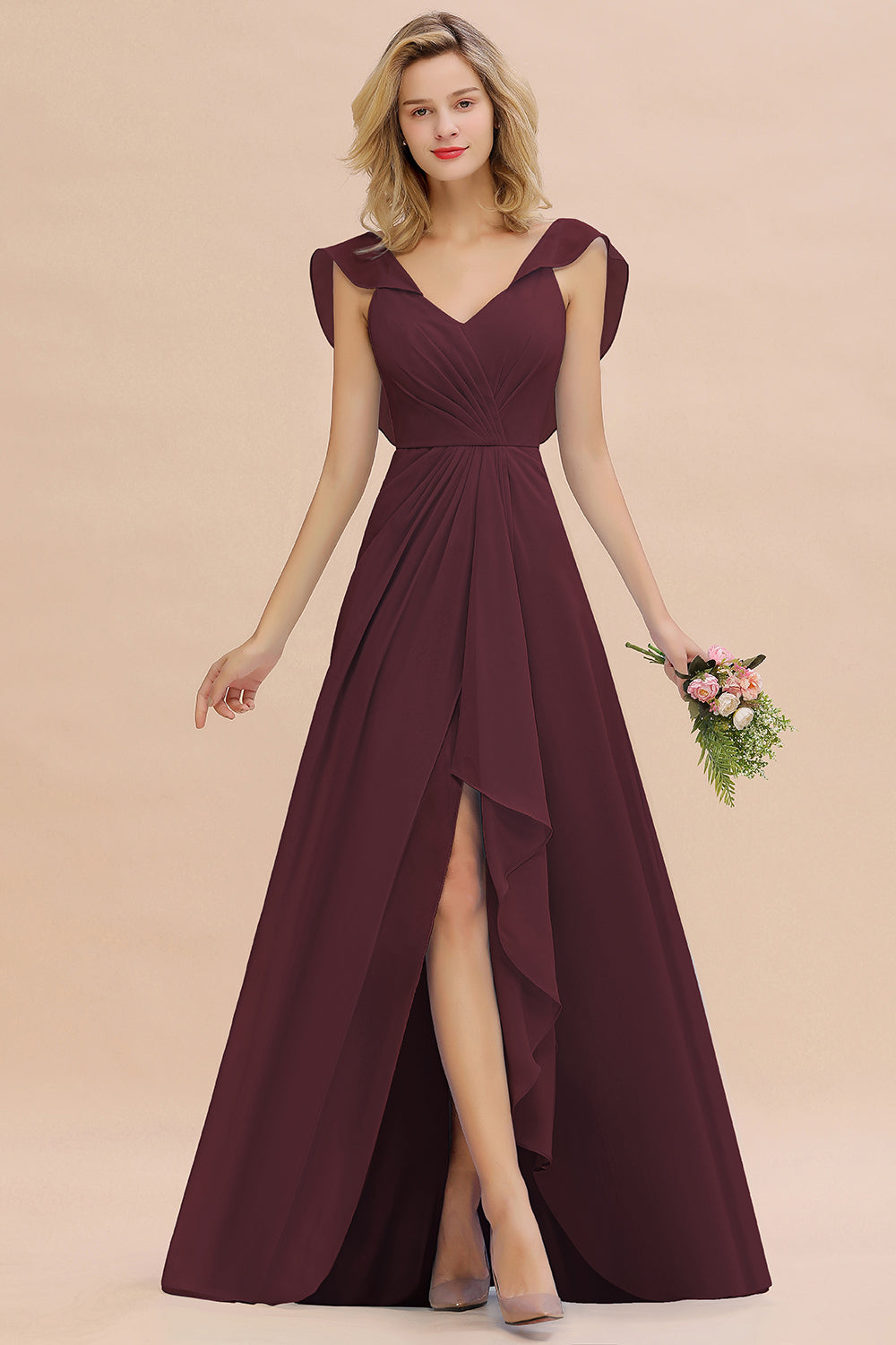 Modest Hi-Lo V-Neck Ruffle Long Bridesmaid Dress with Slit-27dress