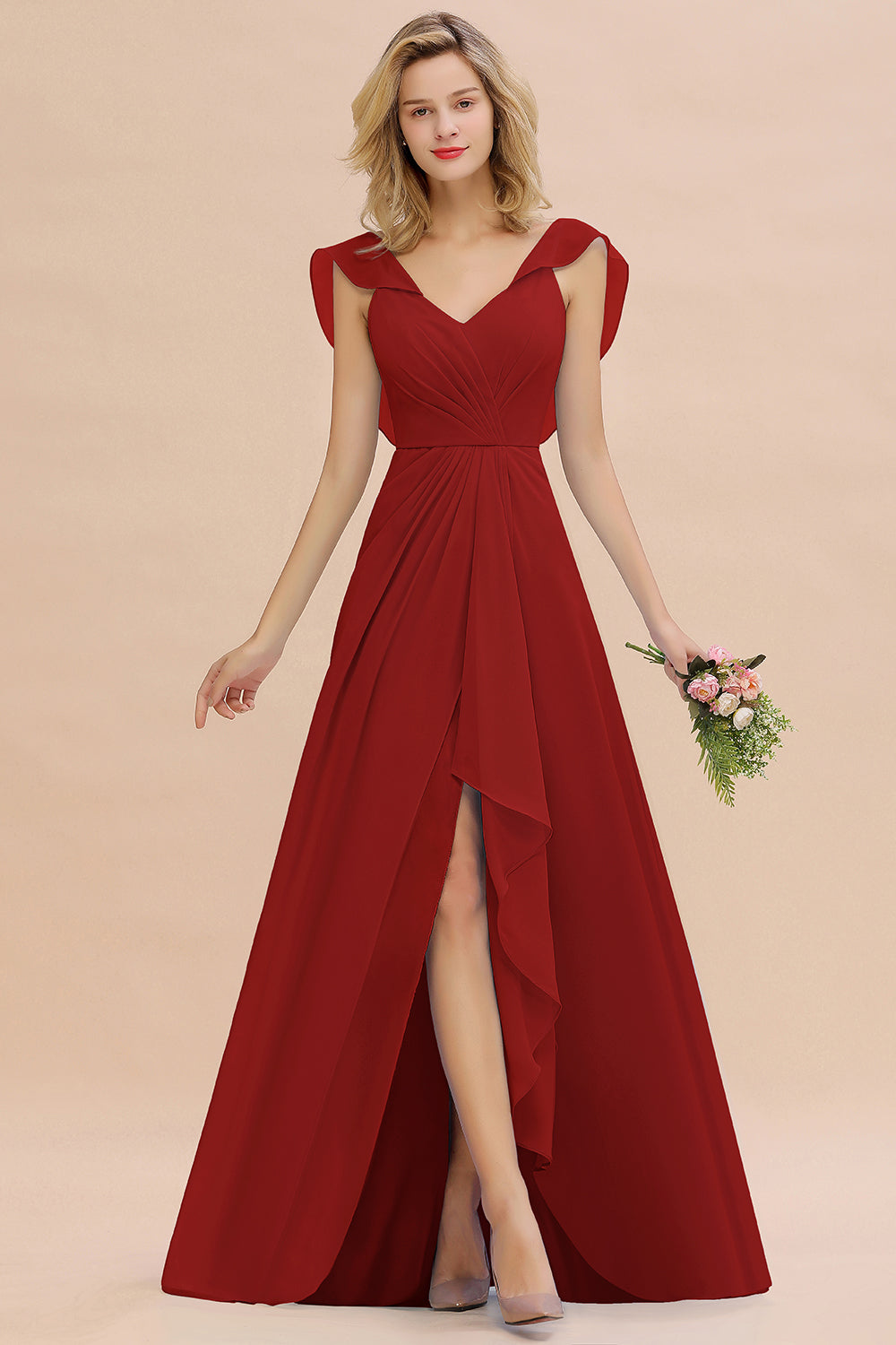 Modest Hi-Lo V-Neck Ruffle Long Bridesmaid Dress with Slit-27dress