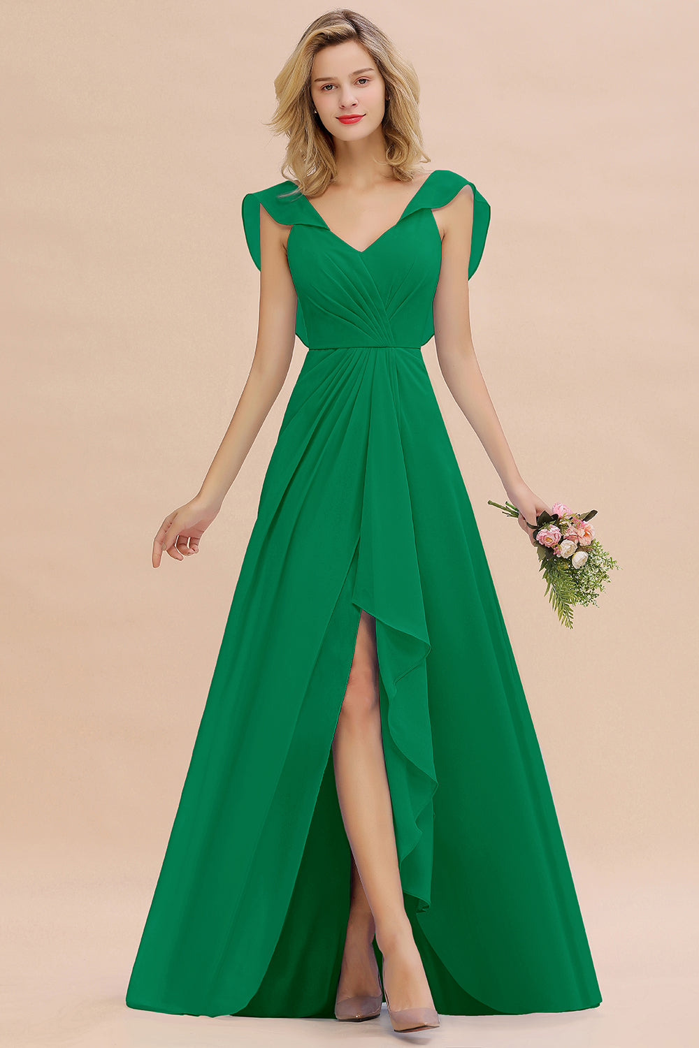 Modest Hi-Lo V-Neck Ruffle Long Bridesmaid Dress with Slit-27dress