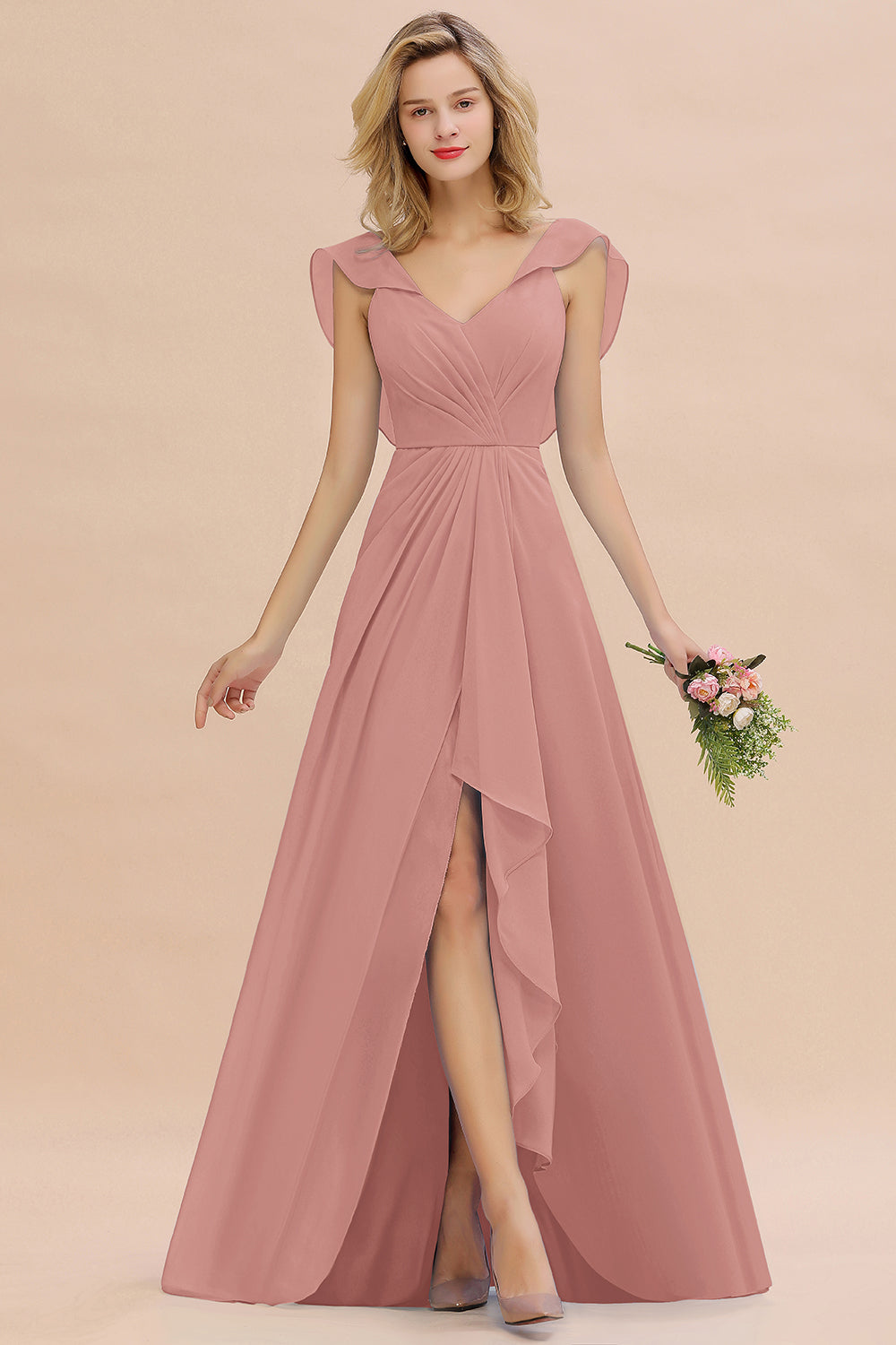 Modest Hi-Lo V-Neck Ruffle Long Bridesmaid Dress with Slit-27dress