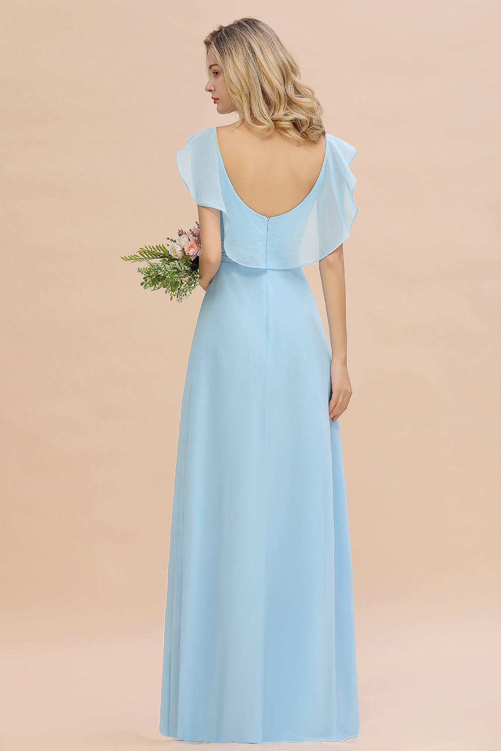Load image into Gallery viewer, Modest Hi-Lo V-Neck Ruffle Long Bridesmaid Dress with Slit-27dress

