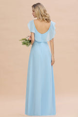 Modest Hi-Lo V-Neck Ruffle Long Bridesmaid Dress with Slit-27dress