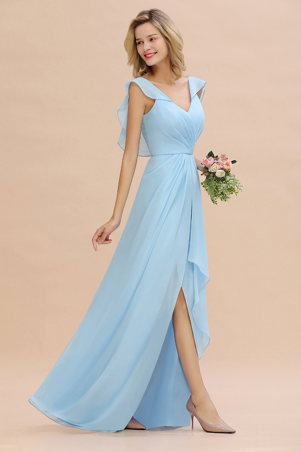 Modest Hi-Lo V-Neck Ruffle Long Bridesmaid Dress with Slit-27dress