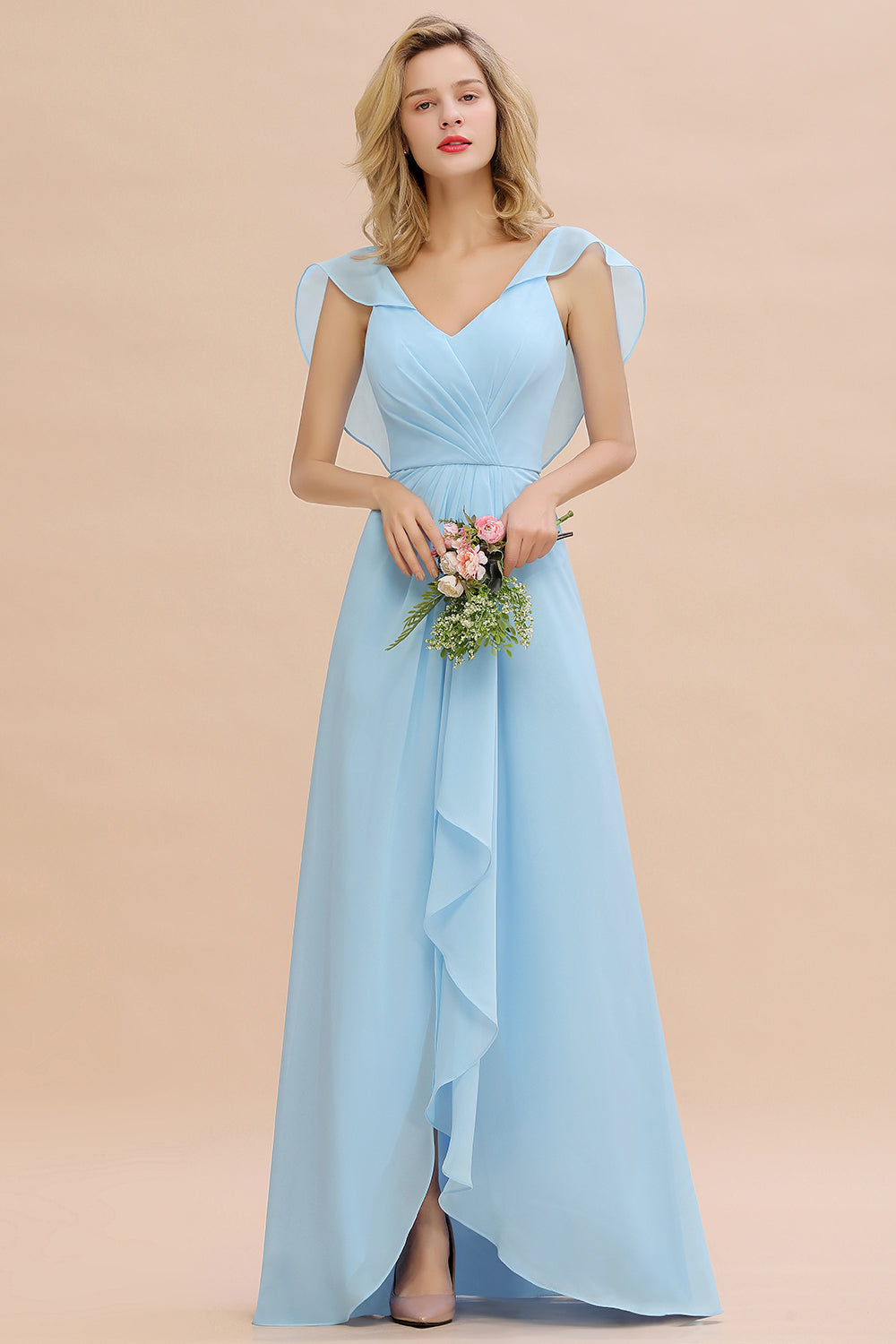Modest Hi-Lo V-Neck Ruffle Long Bridesmaid Dress with Slit-27dress