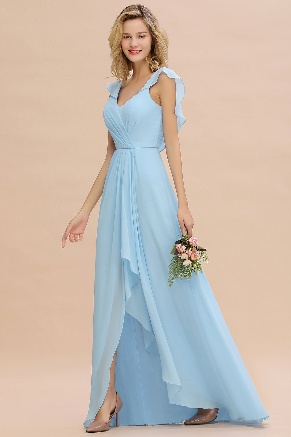 Modest Hi-Lo V-Neck Ruffle Long Bridesmaid Dress with Slit-27dress