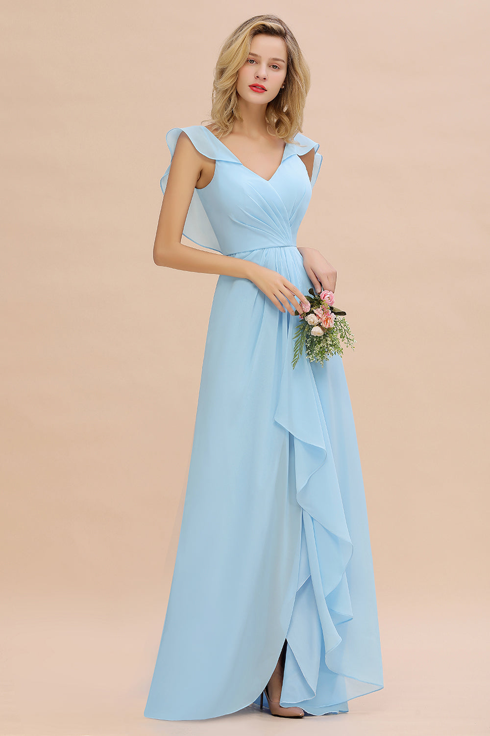 Modest Hi-Lo V-Neck Ruffle Long Bridesmaid Dress with Slit-27dress