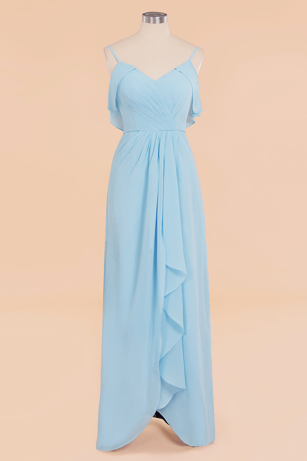 Modest Hi-Lo V-Neck Ruffle Long Bridesmaid Dress with Slit-27dress