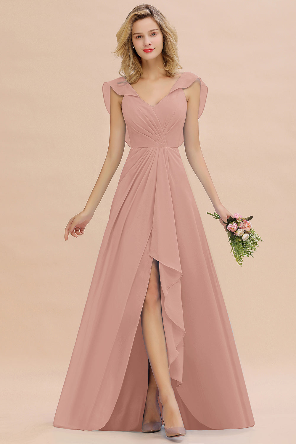 Modest Hi-Lo V-Neck Ruffle Long Bridesmaid Dress with Slit-27dress