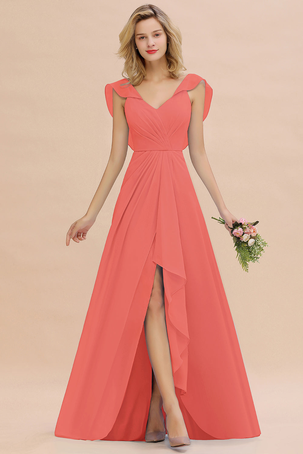 Modest Hi-Lo V-Neck Ruffle Long Bridesmaid Dress with Slit-27dress