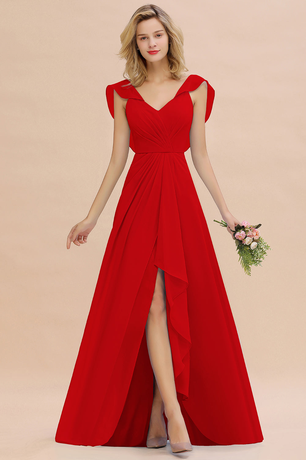 Modest Hi-Lo V-Neck Ruffle Long Bridesmaid Dress with Slit-27dress