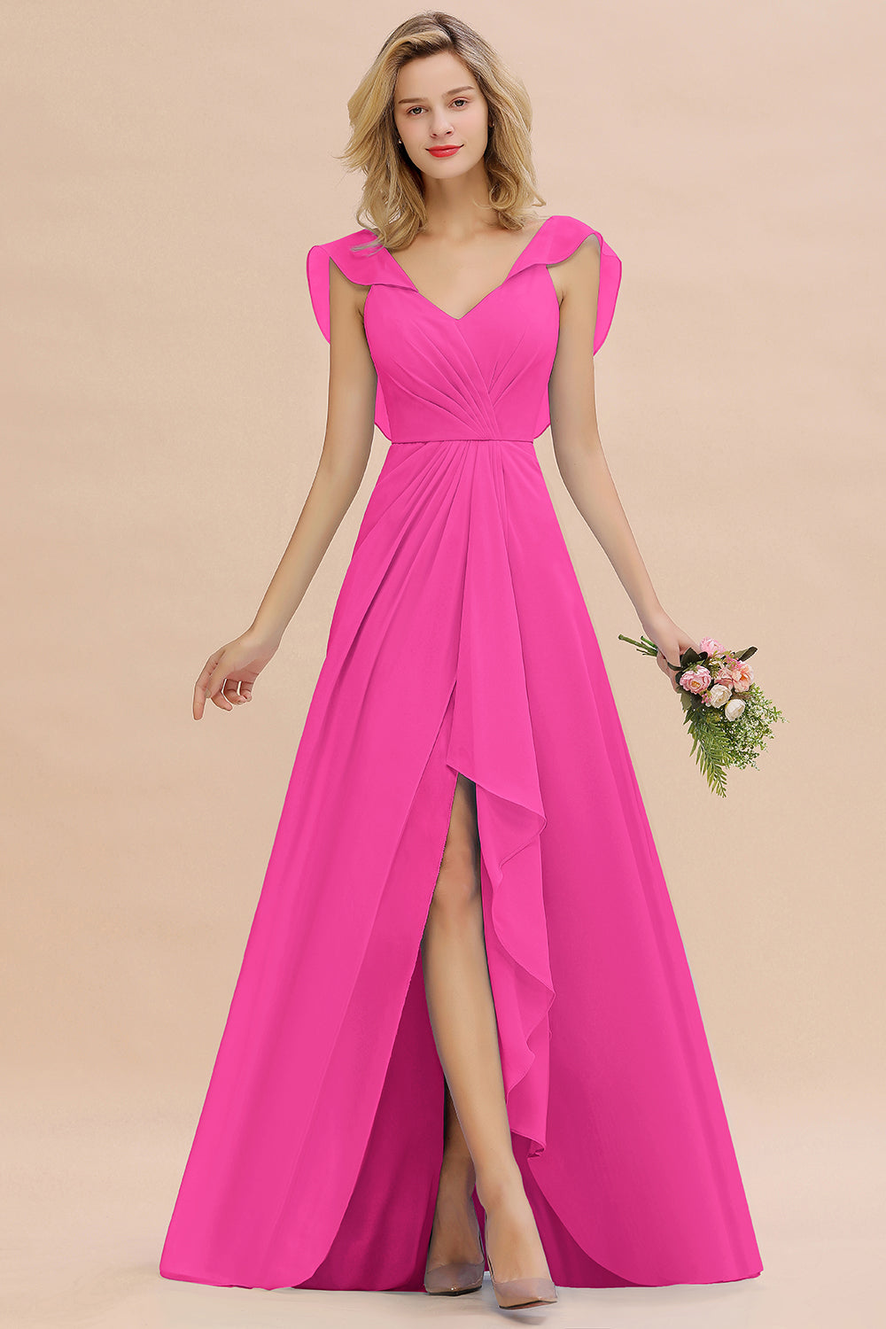 Modest Hi-Lo V-Neck Ruffle Long Bridesmaid Dress with Slit-27dress