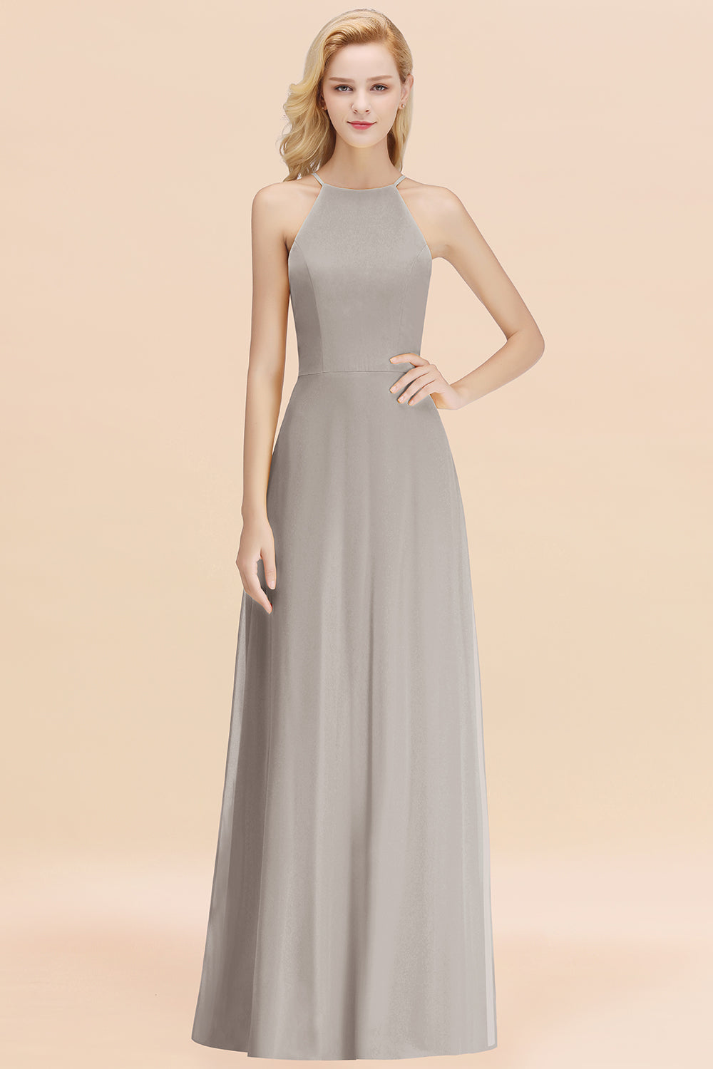 Load image into Gallery viewer, Modest High-Neck Yellow Chiffon Affordable Bridesmaid Dresses Online-27dress

