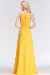 Modest High-Neck Yellow Chiffon Affordable Bridesmaid Dresses Online-27dress