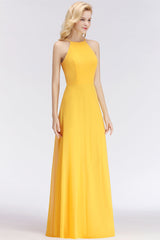 Modest High-Neck Yellow Chiffon Affordable Bridesmaid Dresses Online-27dress