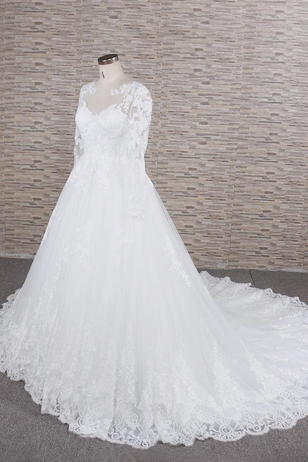 Modest Jewel Longsleeves A-line Wedding Dresses White Tulle Lace Bridal Gowns With Appliques On Sale-27dress