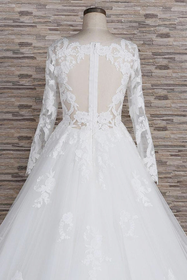 Modest Jewel Longsleeves A-line Wedding Dresses White Tulle Lace Bridal Gowns With Appliques On Sale-27dress