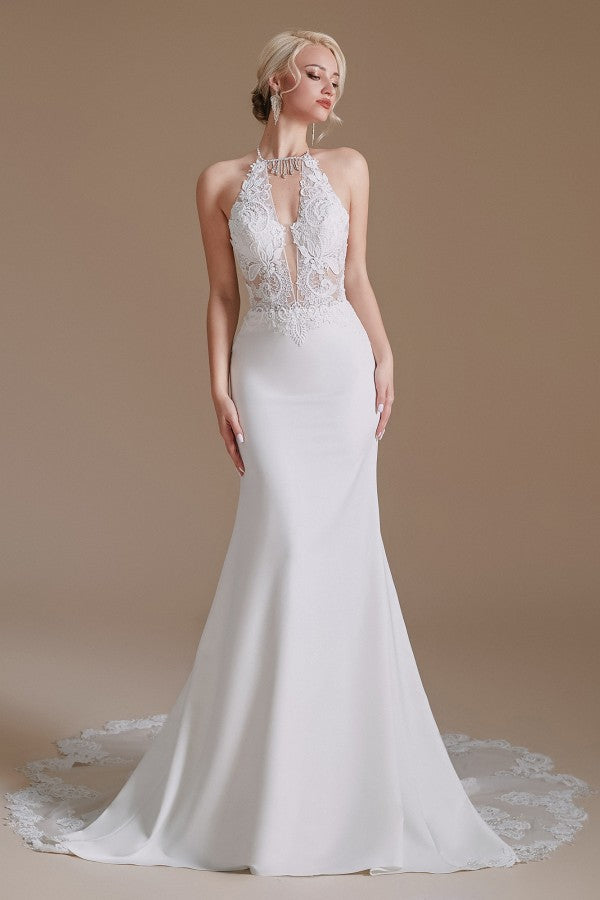 Modest Long Mermaid Halter Backless Satin Wedding Dresses with Appliques Lace-27dress