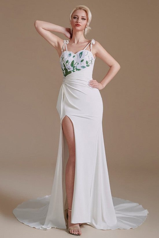 Modest Long Mermaid Satin Spaghetti Straps Open Back Wedding Dress with slit-27dress
