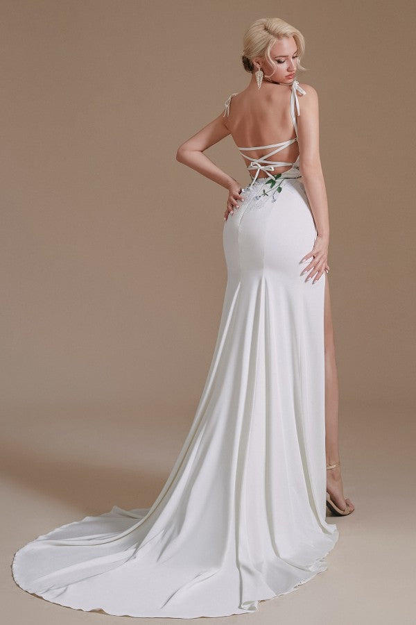 Modest Long Mermaid Satin Spaghetti Straps Open Back Wedding Dress with slit-27dress