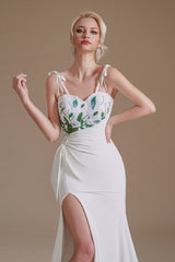 Modest Long Mermaid Satin Spaghetti Straps Open Back Wedding Dress with slit-27dress