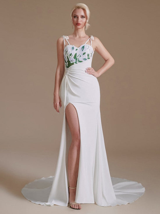 Modest Long Mermaid Satin Spaghetti Straps Open Back Wedding Dress with slit-27dress