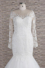 Modest Longsleeves jewel Mermaid Wedding Dresses White Tulle Lace Bridal Gowns With Appliques Online-27dress