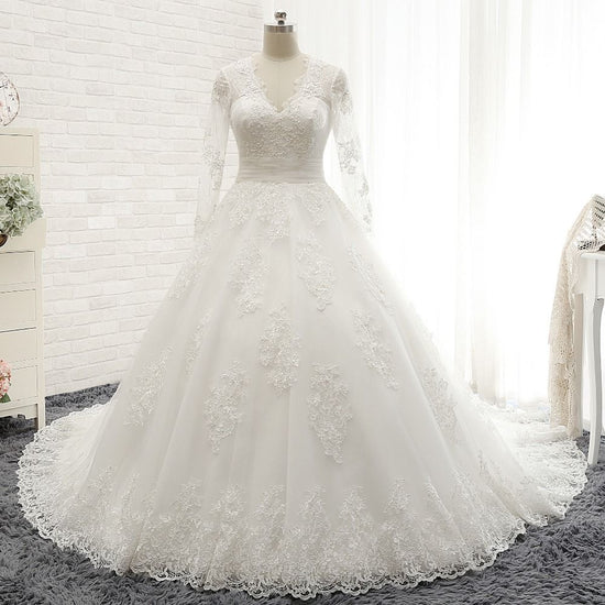 Modest Longsleeves V-neck Lace Wedding Dresses White Tulle A-line Bridal Gowns With Appliques Online-27dress
