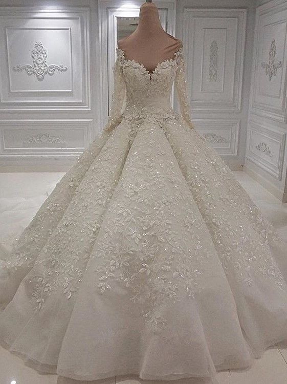 Modest Longsleeves White A-line Wedding Dresses Tulle Ruffles Bridal Gowns With Appliques Online-27dress