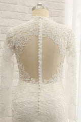 Modest Longsleeves White Mermaid Wedding Dresses Satin Lace Bridal Gowns With Appliques Online-27dress