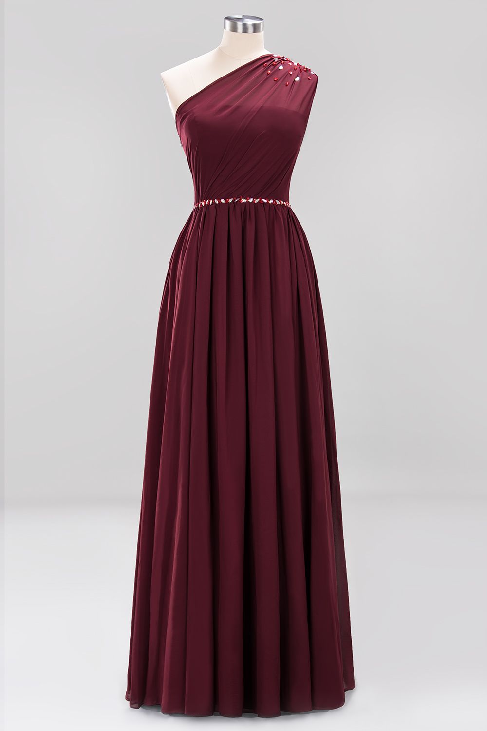 Modest One-shoulder Royal Blue Affordable Bridesmaid Dress with Beadings-27dress