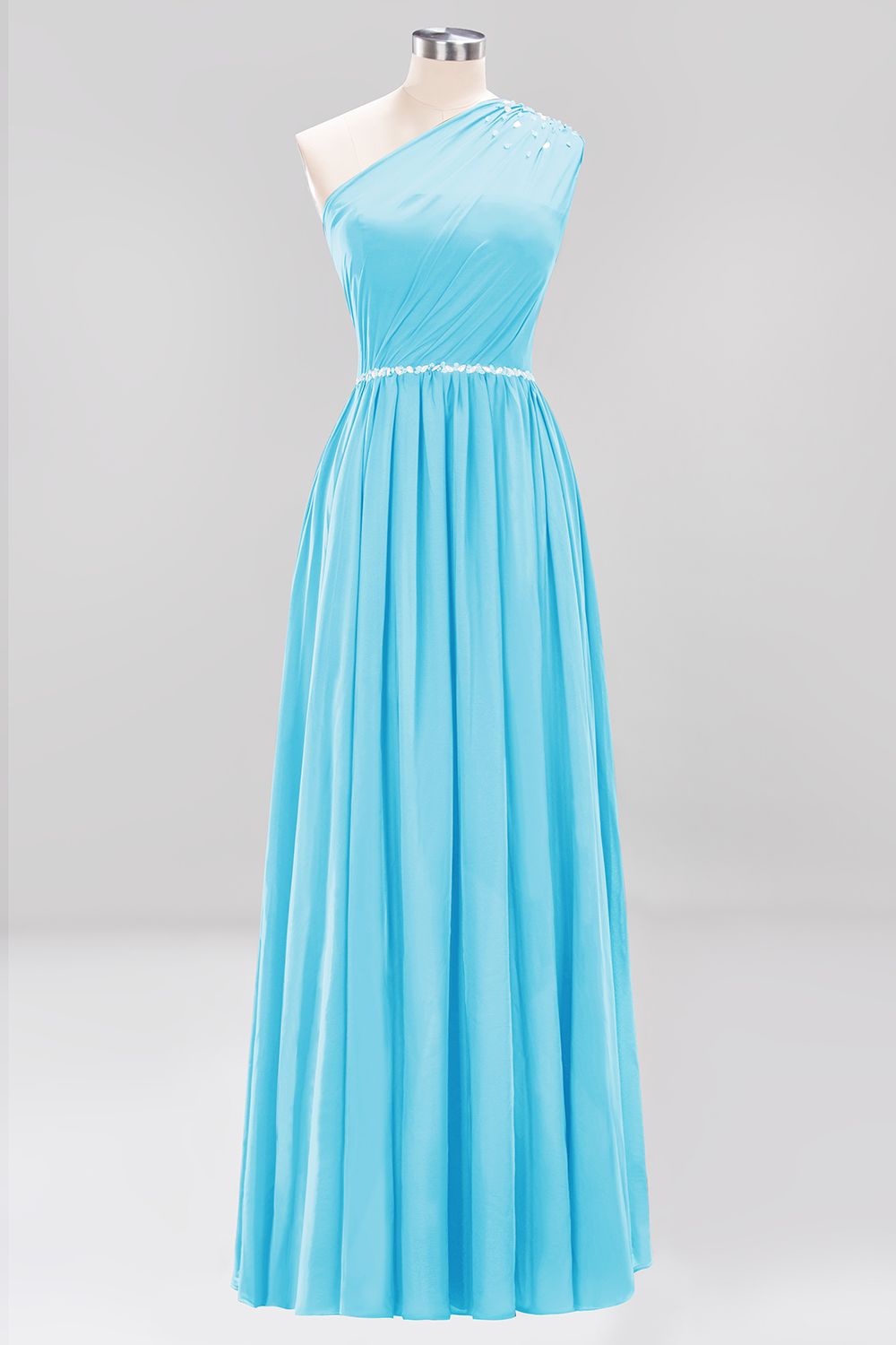 Modest One-shoulder Royal Blue Affordable Bridesmaid Dress with Beadings-27dress