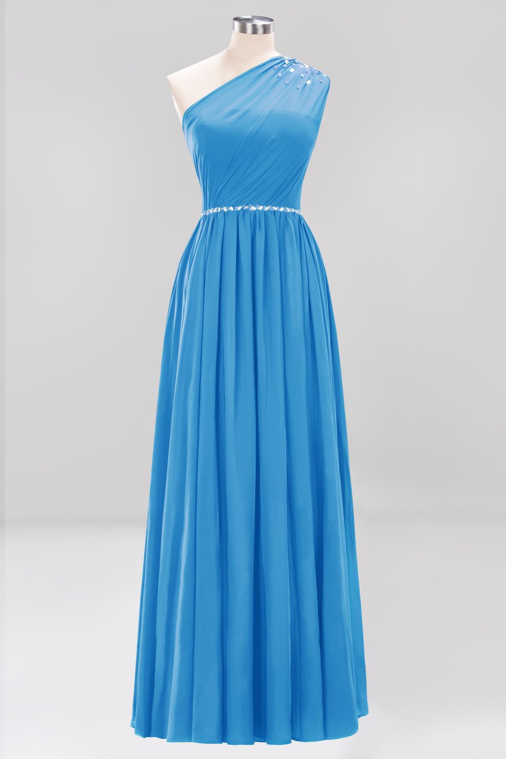 Modest One-shoulder Royal Blue Affordable Bridesmaid Dress with Beadings-27dress
