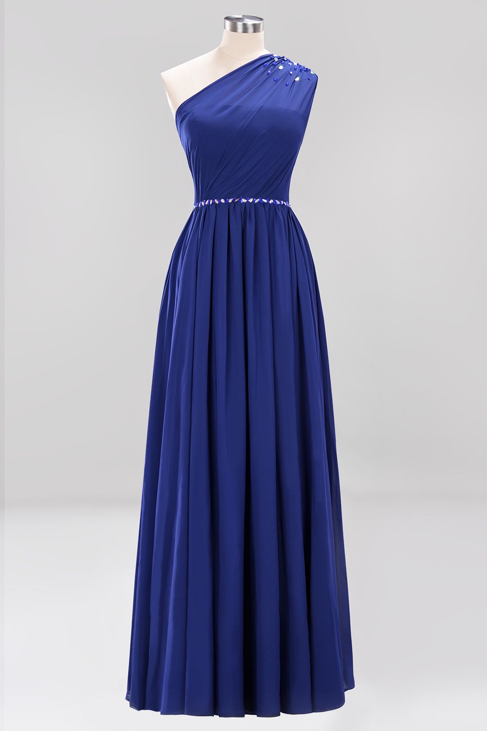 Modest One-shoulder Royal Blue Affordable Bridesmaid Dress with Beadings-27dress