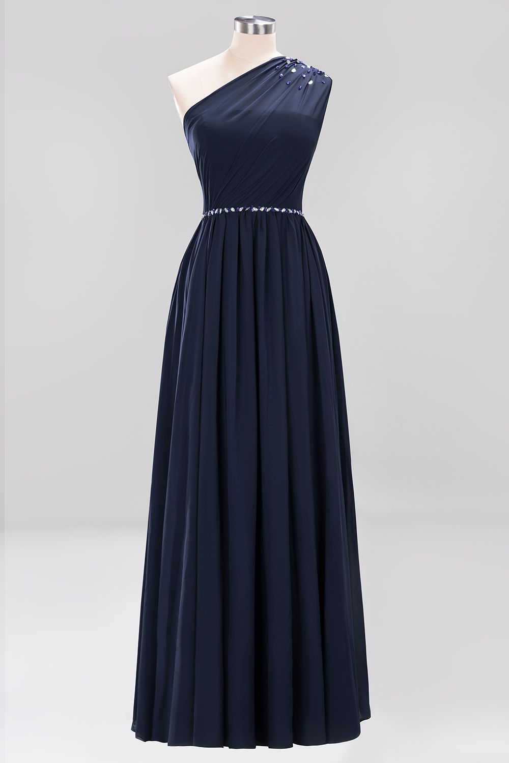 Modest One-shoulder Royal Blue Affordable Bridesmaid Dress with Beadings-27dress