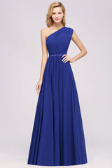 Modest One-shoulder Royal Blue Affordable Bridesmaid Dress with Beadings-27dress
