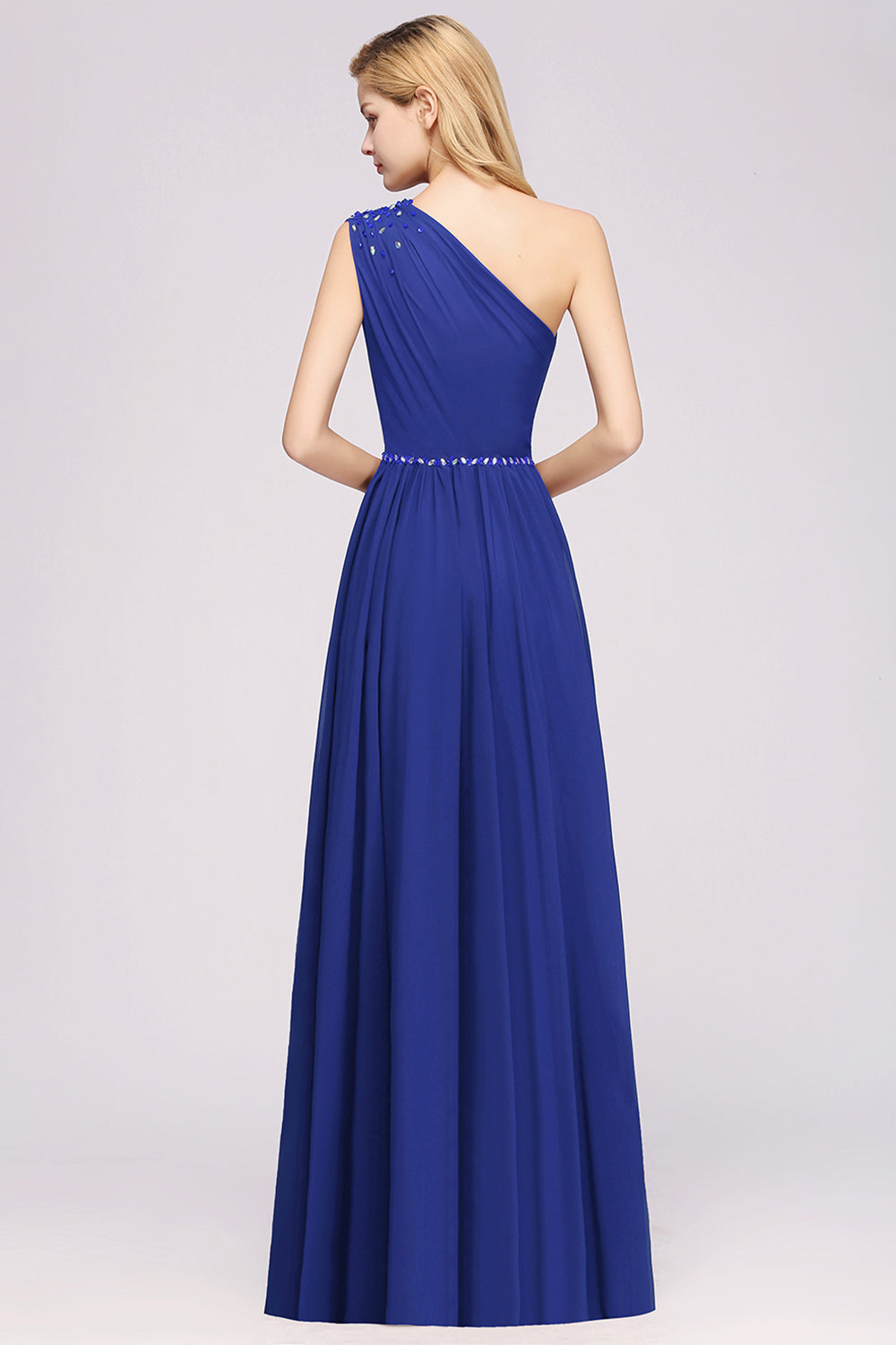 Modest One-shoulder Royal Blue Affordable Bridesmaid Dress with Beadings-27dress