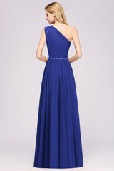 Modest One-shoulder Royal Blue Affordable Bridesmaid Dress with Beadings-27dress
