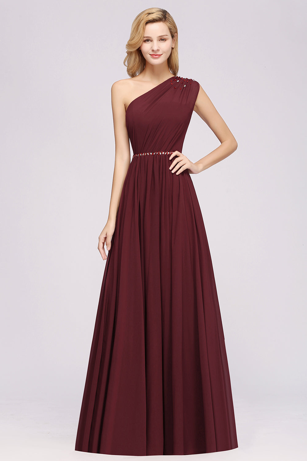 Modest One-shoulder Royal Blue Affordable Bridesmaid Dress with Beadings-27dress